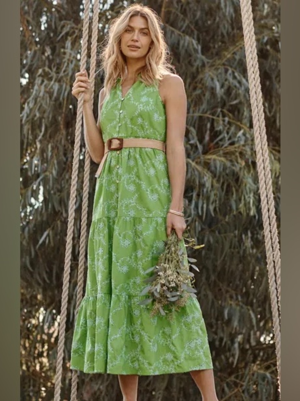 Sleeveless Green Cotton Eyelet Tiered Maxi Dress